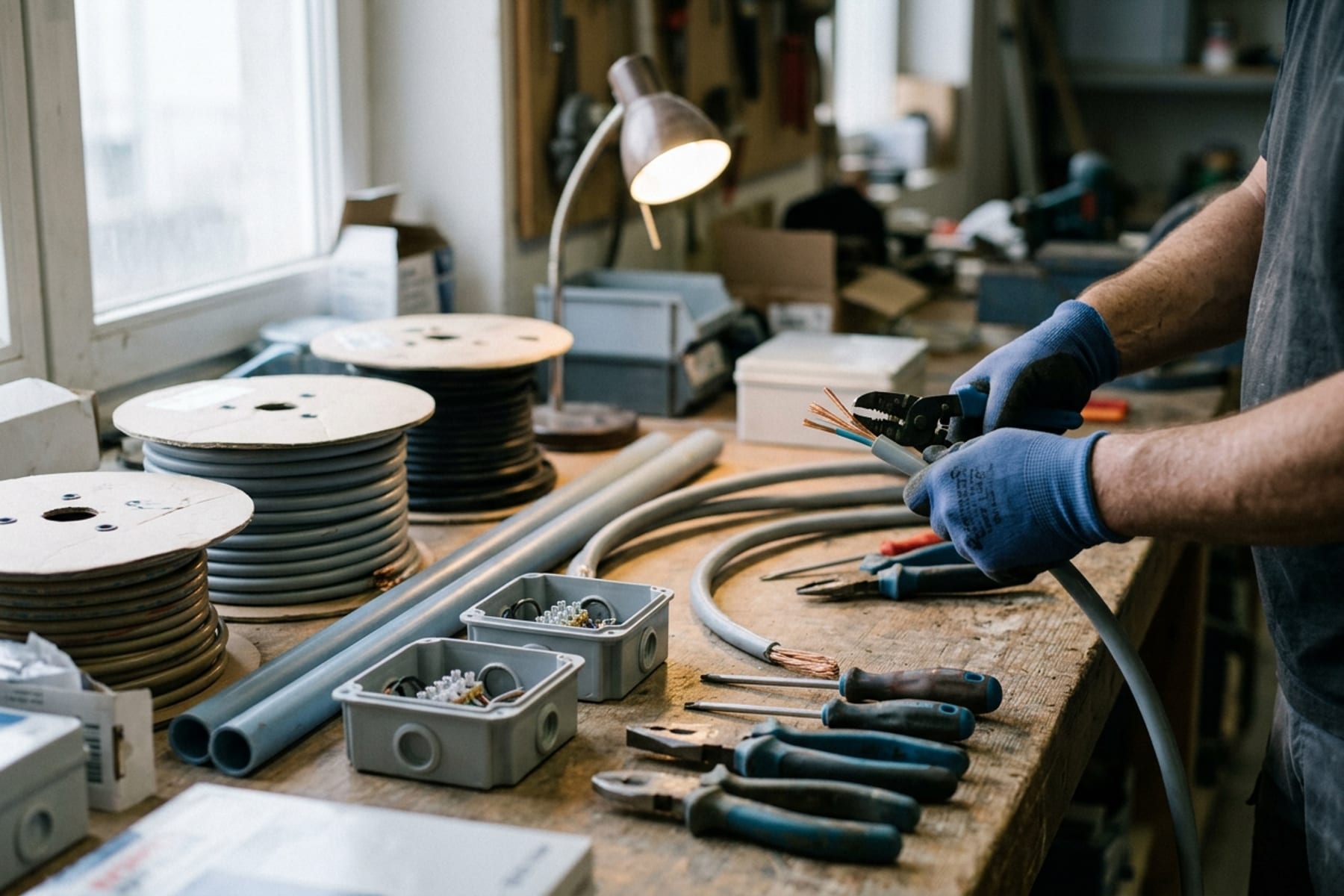 Établi photographié avec outils et repères électriques sans personne