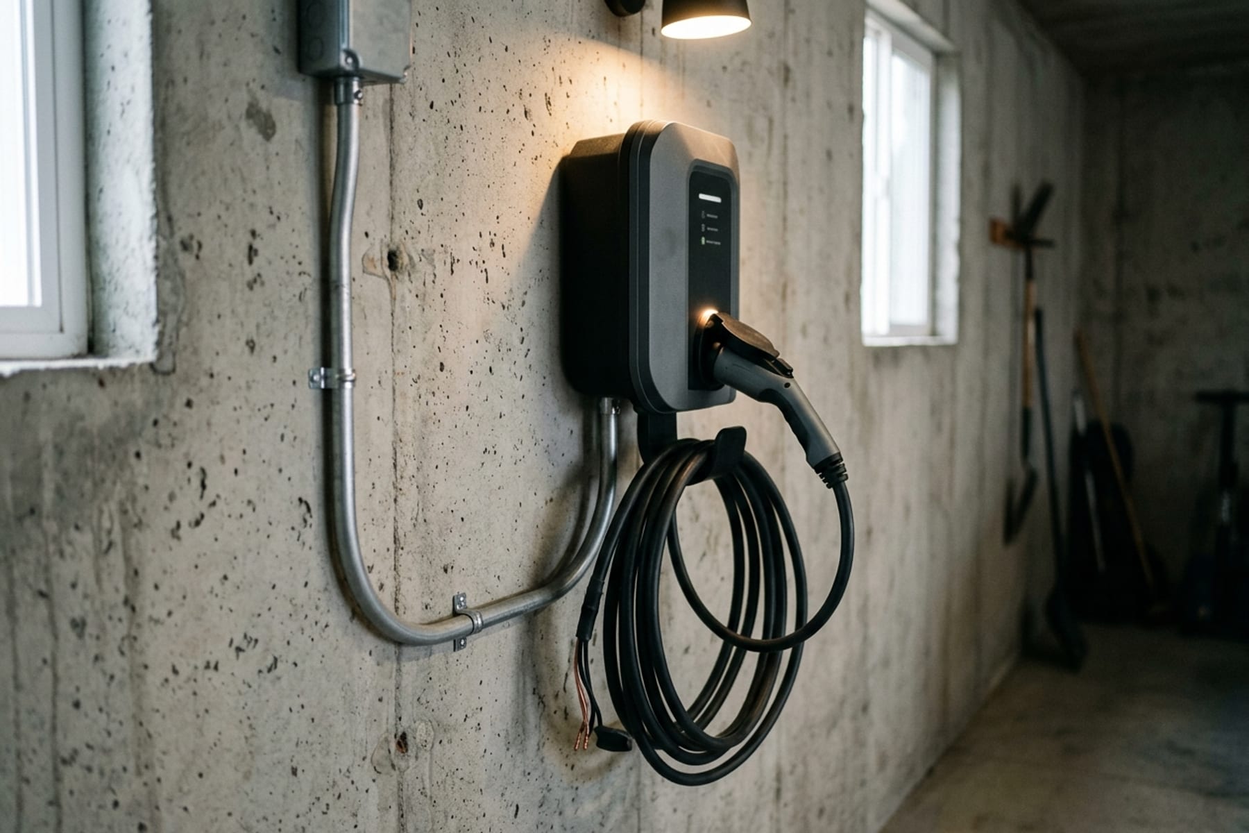 Photographie d’une borne de recharge murale et de son câble